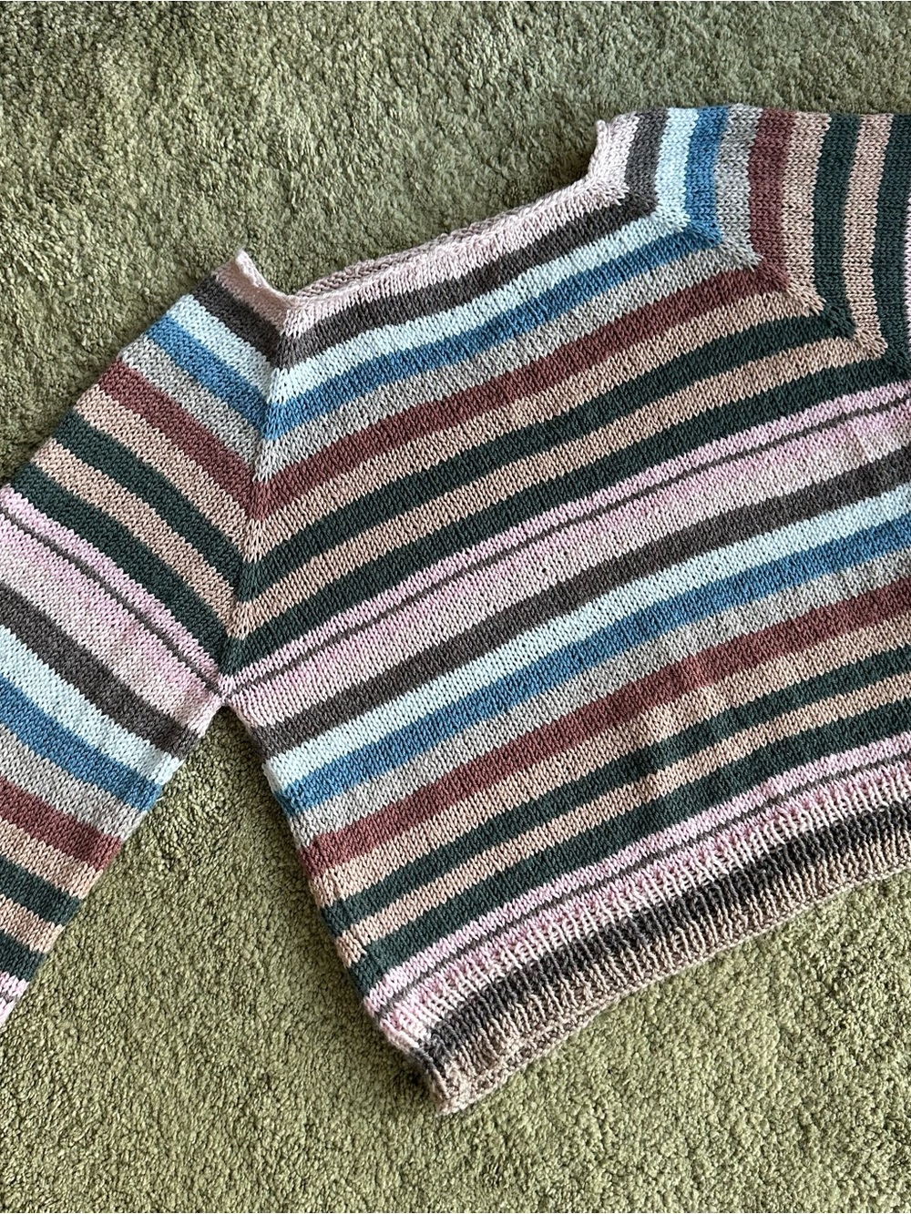 Handmade Knit Striped Crewneck Sweater in Pink, Blue, Green | medium size
